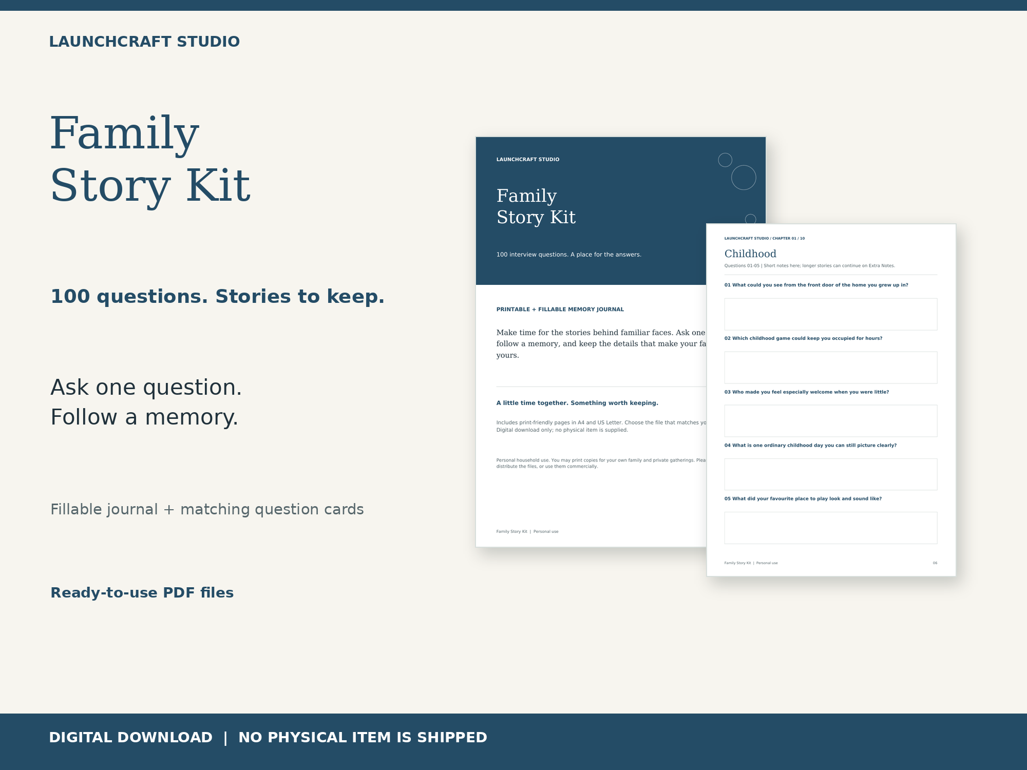 Family Story Kit preview: a fillable memory journal and 100 interview prompts